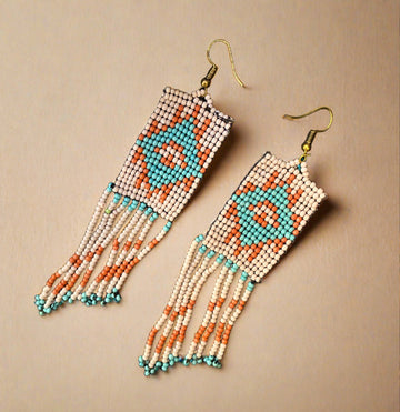 Boho white beaded earrings - Ribbon of summer