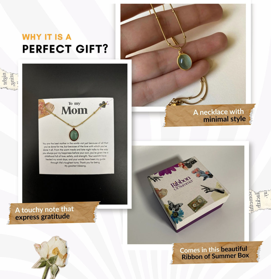 Dainty necklace for mom ( with note ) - Ribbon of summer