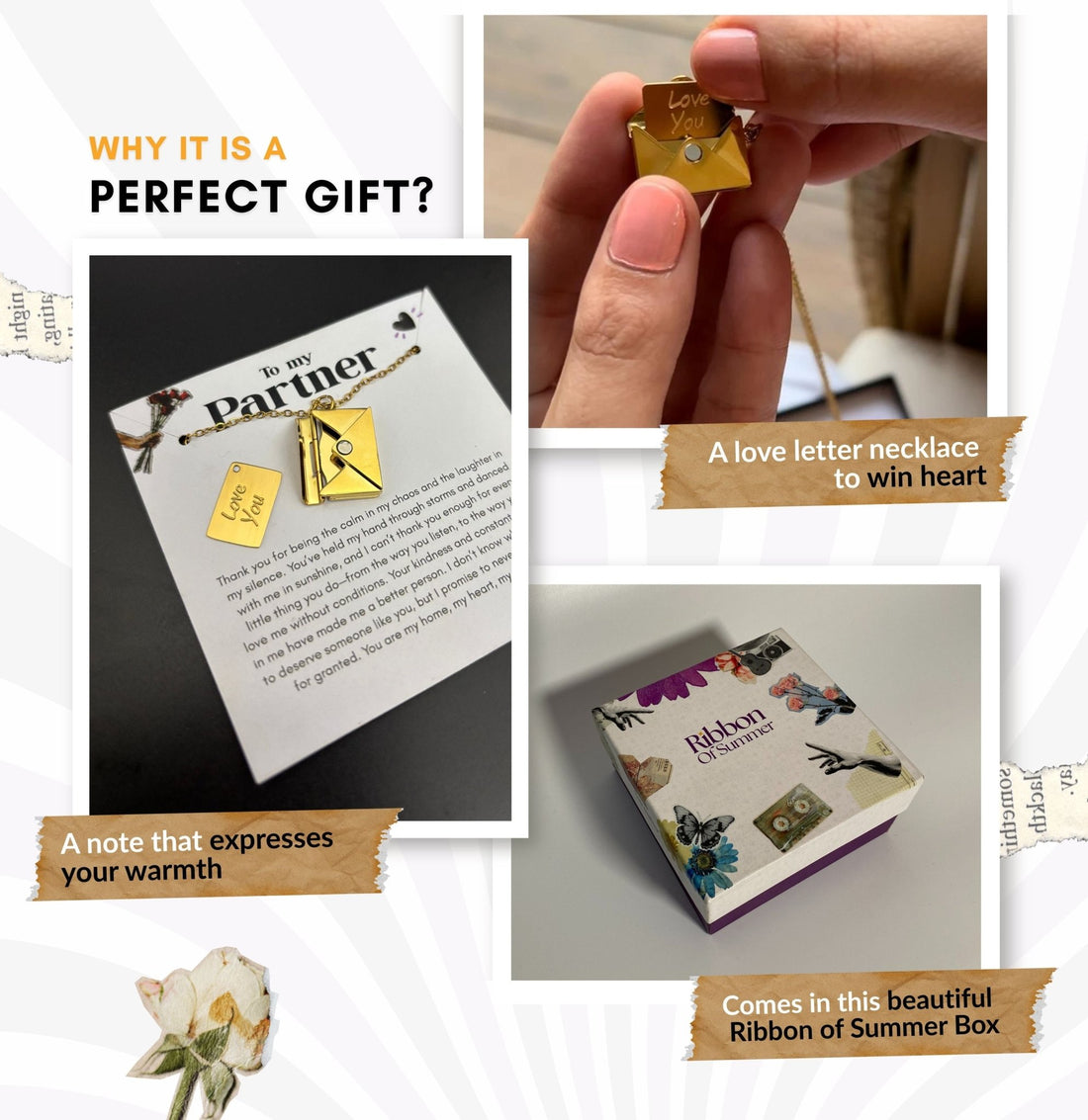 'Love you' envelope necklace for partner (with note) - Ribbon of summer