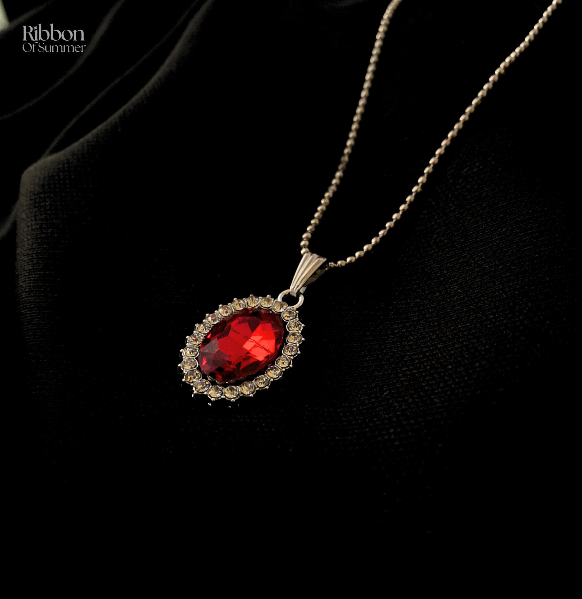 Sleek Red stone silver necklace - Ribbon of summer